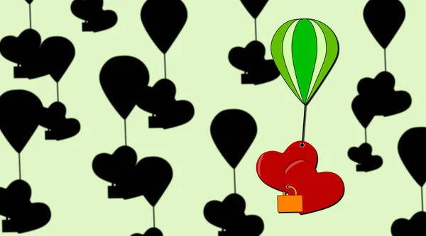 团结在一起 浪漫的概念 两颗心被锁永远连在一起 颜色和阴影 一群心在热气球里飞舞 空气中的感觉 随机爱情的象征 — 图库照片