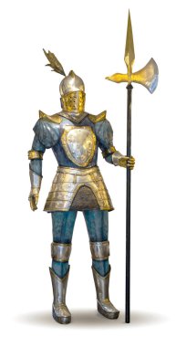 Parlak zırhlı şövalye baltalı mızraklı, izole edilmiş beyaz torba.