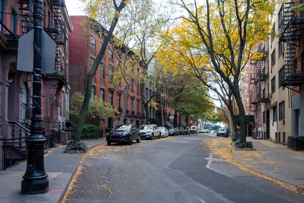 Greenwich Village caddesinde kahverengi taştan evleri olan bir şehir.