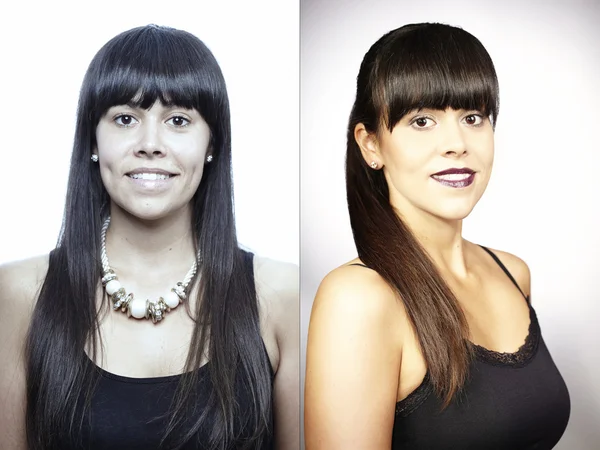 Черные волосы женщина до и после макияжа — стоковое фото