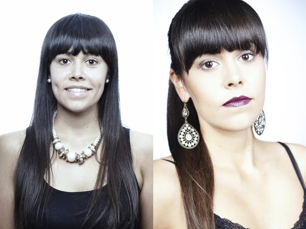 Pretty black hair lady before and after make up — Stock Photo, Image