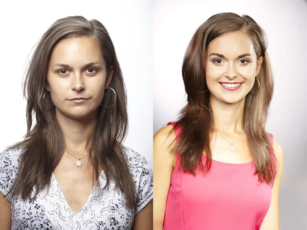 Красивая брюнетка до и после макияжа — стоковое фото