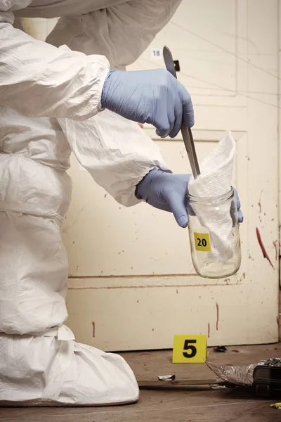 Collecting of odor traces by police technician on location — Stock Photo, Image