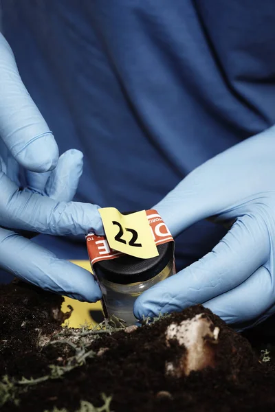 Verpackung der Fliegenlarve im Glas am Tatort durch den Gerichtsmediziner — Stockfoto