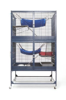Closed luxury ferret cage equipped with beds and toilettes clipart