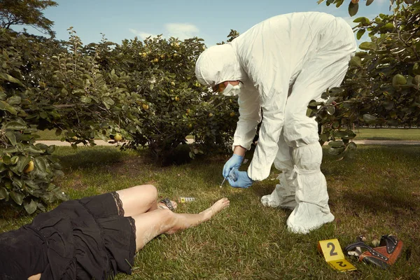 Technician entomologist collecting fly larva developed around body of victim — Stock Photo, Image