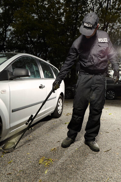 Полицейский проверяет машину на возможное взрывное устройство
