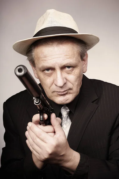 Mann Bewaffnet Mit Pistole Mit Schalldämpfer Stile Eines Mafia Verbrechers — Stockfoto