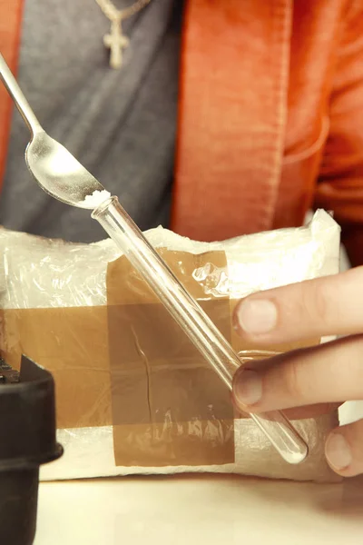 Drug Dealer Preparing Sample Testing Quality Delivery Chemicals — Stock Photo, Image