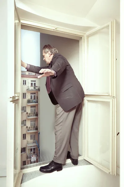 Desperate Bankrupted Businessman Thinking Jumpdown Window Make Suicide — Stock Photo, Image