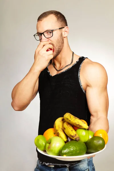 Muscle Fitness Man His Healthy Food Menu Plates — Stock Photo, Image