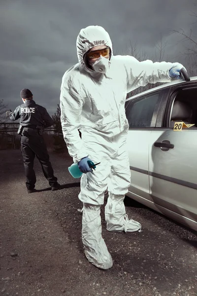 Investigação Cena Crime Desenvolvimento Impressões Digitais Latentes Carro — Fotografia de Stock