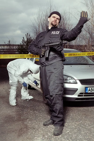 Crime Scene Investigation Police Officer Guarding Place Investigation — Stock Photo, Image