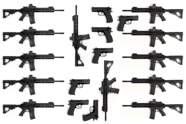 Coleta Espingardas Assalto Pistolas Isoladas Fundo Branco — Fotografia de Stock