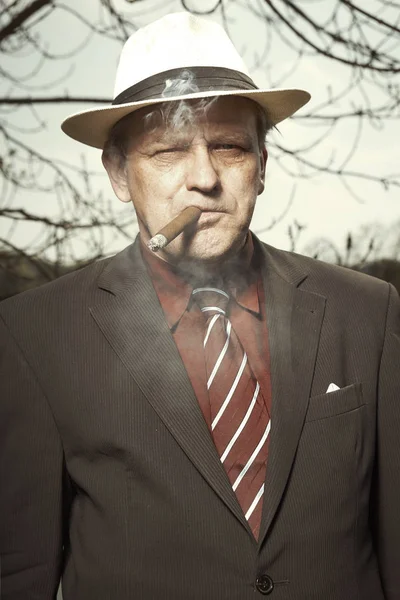 Bad Evil Man Mob Style Smoking Cigar Outdoor — Stock Photo, Image