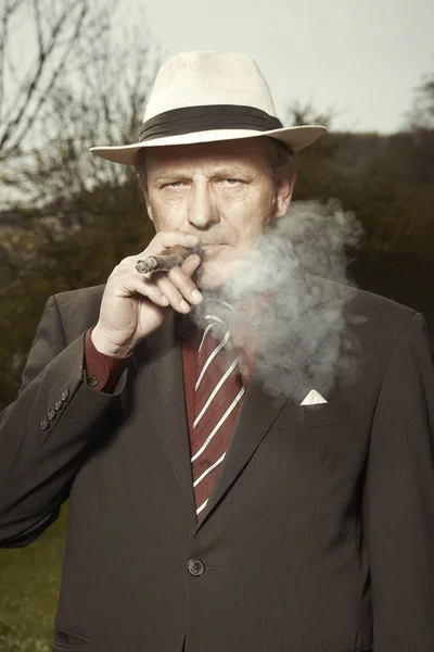 Bad Evil Man Mob Style Smoking Cigar Outdoor — Stock Photo, Image