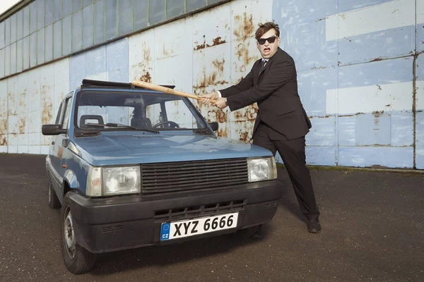 Angry Man Black Suit Destroying His Lovely Retro Car — Stock Photo, Image