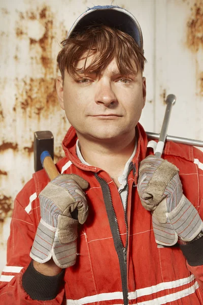Cute Man Red Overall Posing Tools Portrait — Stock Photo, Image