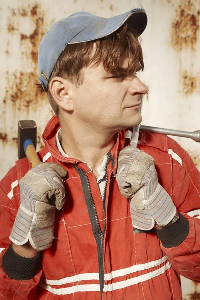 Cute Man Red Overall Posing Tools Portrait — Stock Photo, Image