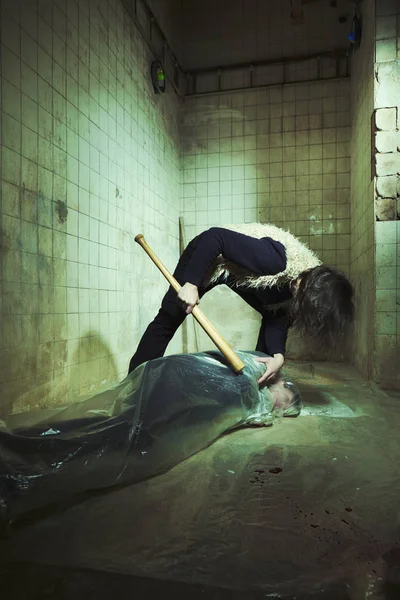 Evil Kidnapper Beating Victim Baseball Bat Plastic Foil — Stock Photo, Image