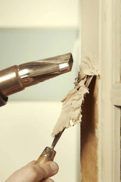 Man Home Removing Havy Layer Old Paint Door — Stock Photo, Image
