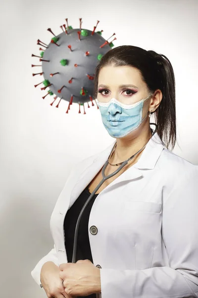 Frau Stil Eines Arztes Mit Modellmolekül Des Coronavirus — Stockfoto