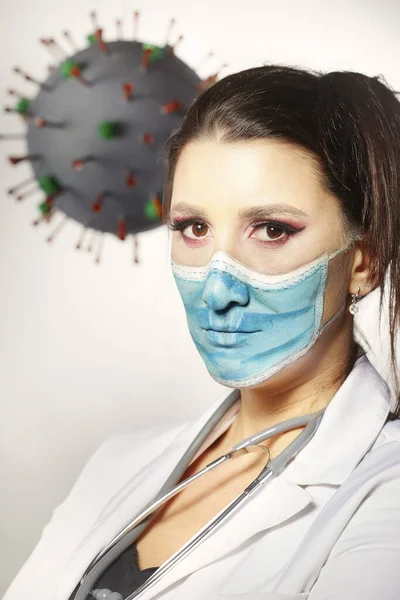 Woman Painted Style Doctor Model Molecule Corona Virus — Stock Photo, Image