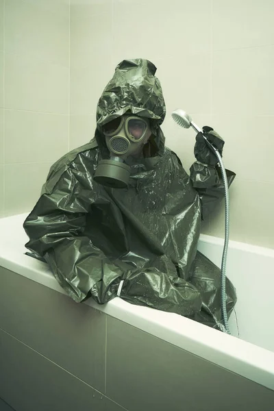 Ugly Man Bathroom Dressed Protective Suit Mask Showering — Stock Photo, Image