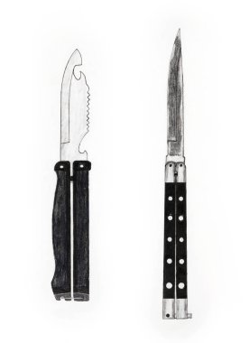 Çağdaş katlanan kelebek bıçaklarının el yapımı renk çizimleri koleksiyon ürünleri