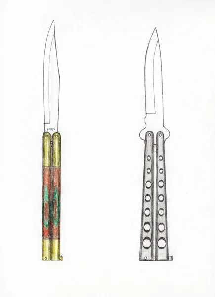 現代の折りたたみ蝶のナイフのコレクティブルの手作りのカラー図面 — ストック写真
