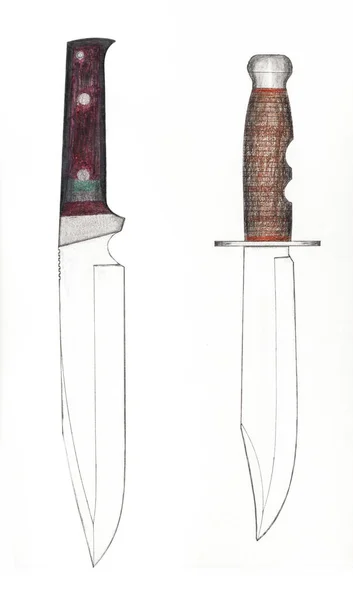 Handmade color drawing of contemporary fixed blade knives collectibles