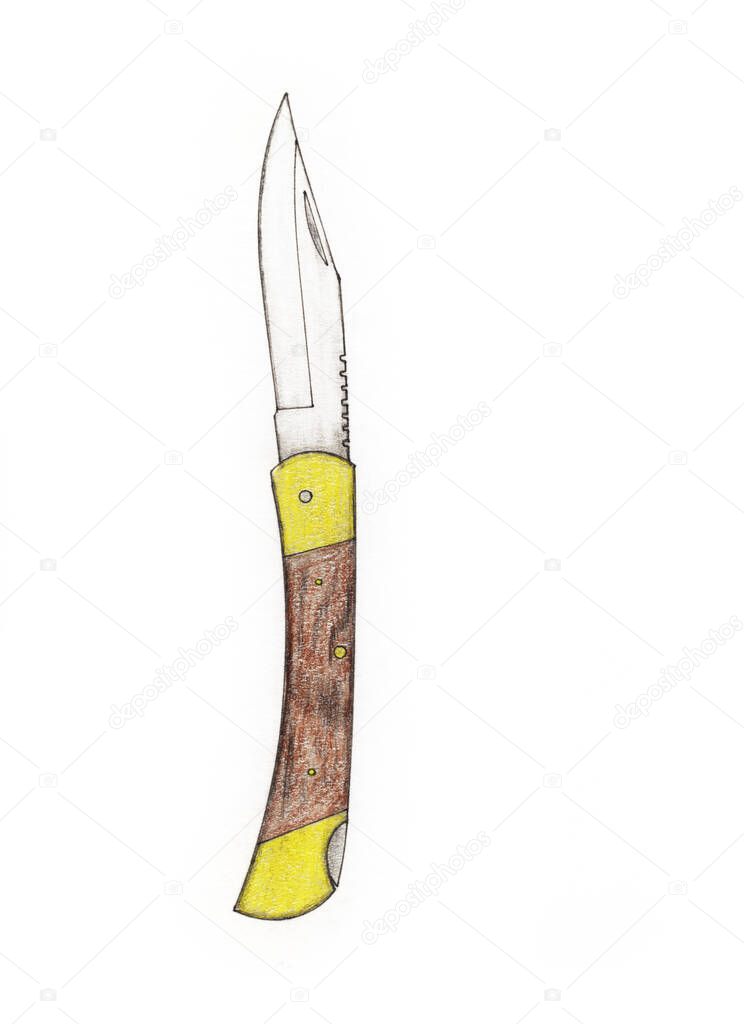 Handmade color drawing of contemporary folding knives collectibles
