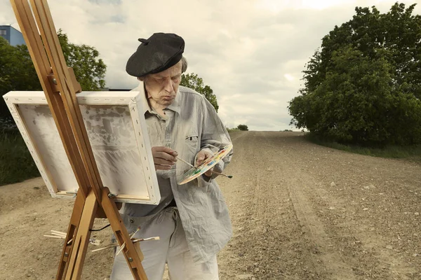 Older Man Painting Artwork Canvas Sunny Day Field — Stock Photo, Image