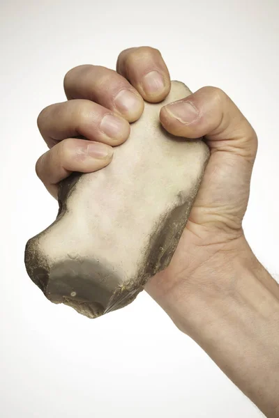 Male Hand Stone Fist Wedge Used Tool Weapon — Stock Photo, Image