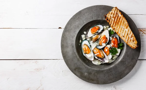 Shellfish Mussels Clams on plate with blue cheese sauce and bread copy space