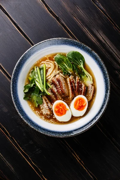 Ramen Noodles Duck Egg Pak Choi Cabbage Bowl Wooden Background Stock Picture