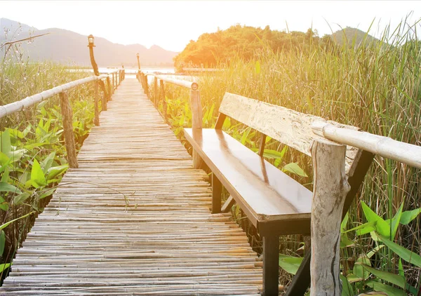 seri çekim gündoğumu ışık, rüya yumuşak tarzı ile yeşil alan gölde bambu köprü geçit