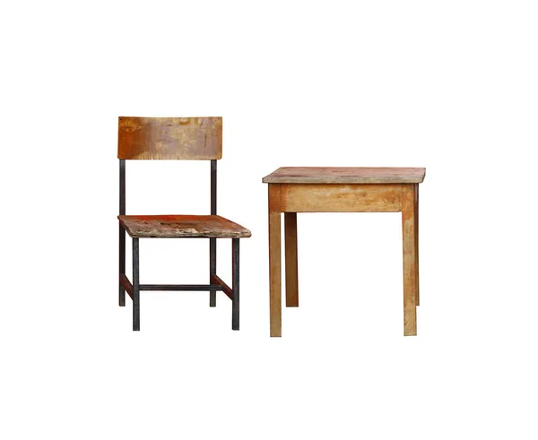 Drewniane Krzesło Stół Białym Tle — Zdjęcie stockowe