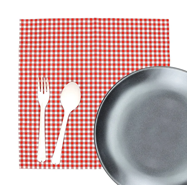 Piatto vista dall'alto con forchetta e cucchiaio su tovaglia per servire il cibo — Foto Stock