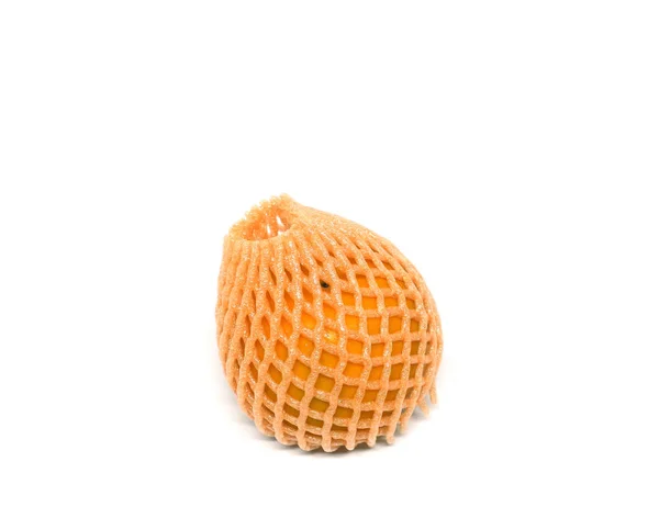 Ripe orange with foam protection net isolated on white backgroun — Stock Photo, Image