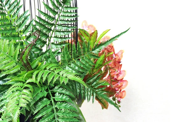 Fleur colorée et feuilles de palmier vert dans la cage pendaison décoratio — Photo