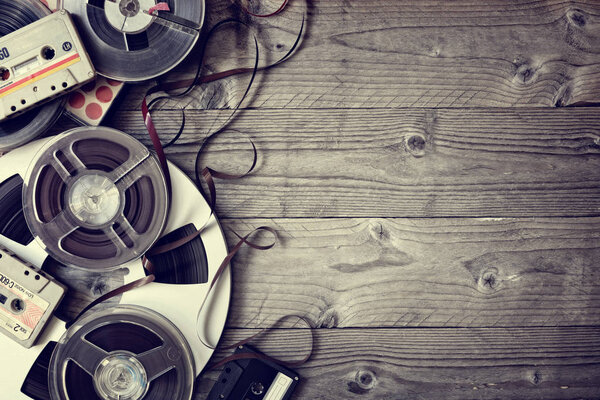 Retro audio reels and cassette tapes
