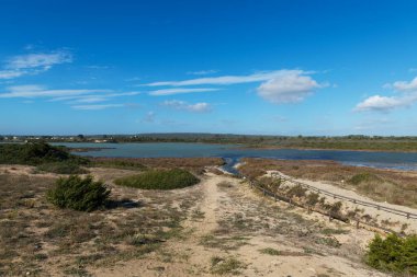 Salina dei Monaci 'nin güzel manzarası, tuz gölü ve İtalya' nın Puglia bölgesindeki Manduria kıyılarında doğal tuz rezervi.