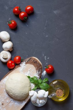 Gri arkaplanda fotokopi alanı olan pizza malzemeleri, dikey fotoğraf, resminizi ya da yazılarınızı koyabilirsiniz