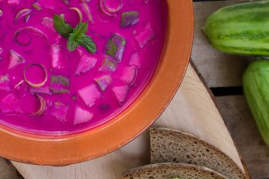 Holodnik - geleneksel Litvanya sebzesi pancar pancarı, salatalık, dereotu, maydanoz, yeşil soğan ve ekşi kremalı kefirden yapılmış soğuk yaz çorbası. Borç çorbası. Seçici odak ve kopyalama alanı