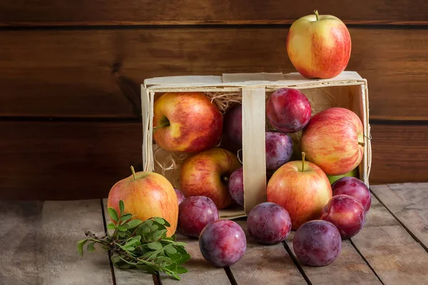 Gifts Autumn Apples Plums Basket Wooden Background Autumn Composition Harvest — Stock Photo, Image