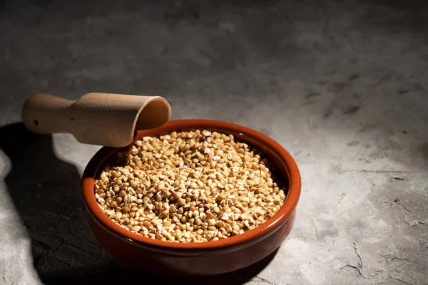 Kahverengi kil bir kasede çiğ yeşil karabuğday ve gri arka planda ahşap bir kepçe. Kızarmamış organik çiğ vejetaryen yiyeceği öğütüyor. Sağlıklı ve dengeli bir diyet, kilo kaybı
