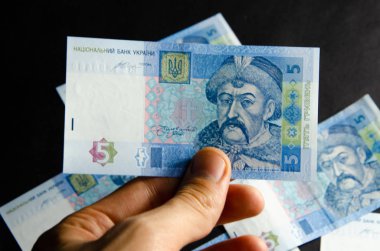 Ukrayna Hryvnia 'sı beş, on, yirmi hryvniadan oluşuyordu. Dağılmış ve düzgünce bağlanmıştı. Hryvnia erkeklerin elinde ve bir cüzdanda. Ukrayna 'da Hryvnia parası hırsızlığı