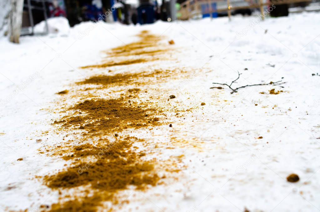 The winter sidewalk is sprinkled with sand. Ice, injury. Sand in the snow. Sand in the macro on the snow. Safety.