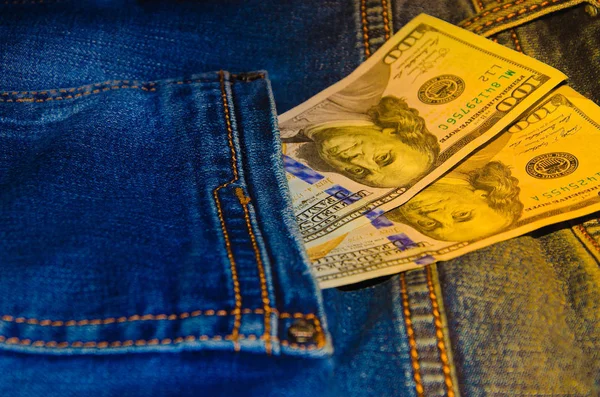 Notas Americanas Bolso Dos Jeans Uma Nota Denominações 100 Peeps — Fotografia de Stock